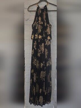 MSK Black Pleated Gown with Gold Metallic Floral Print - 14